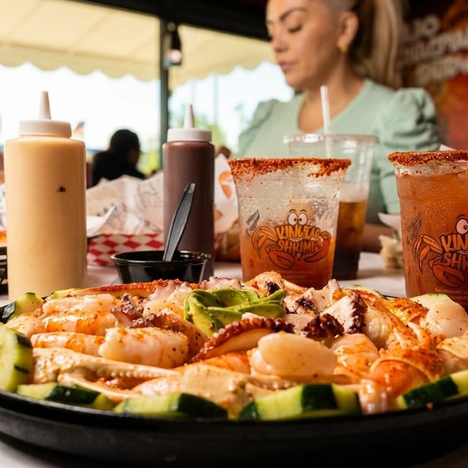 Seafood platter with shrimp, octopus, and cucumber, with micheladas and sauces on a restaurant table.