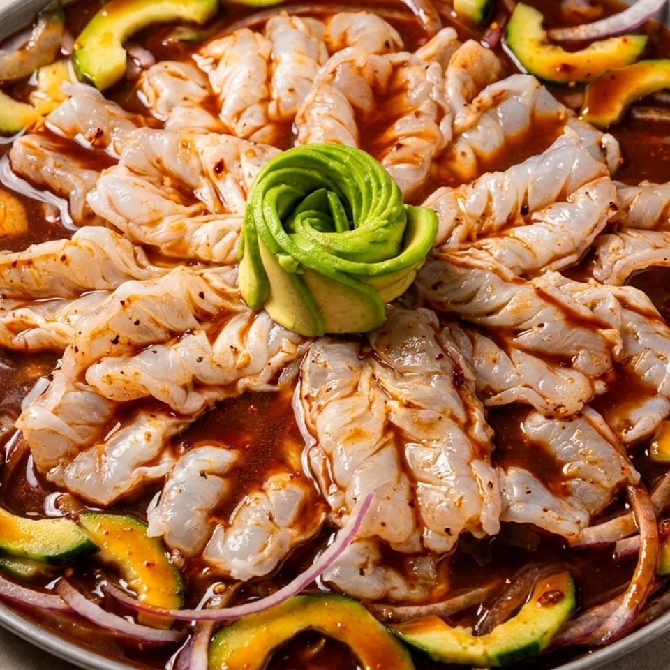 Shrimp aguachile with avocado, cucumber, and red onion in a spicy red sauce.