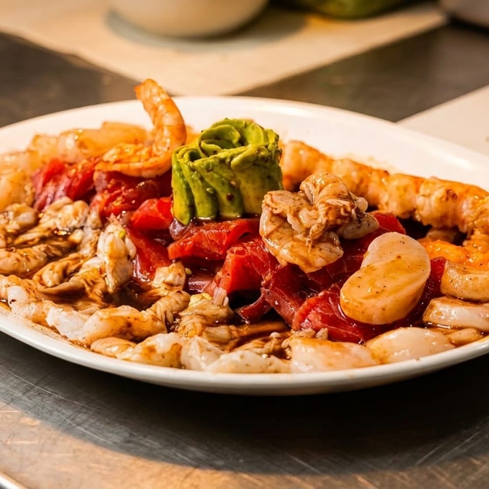 A white oval plate filled with shrimp, scallops, red tuna, and avocado on a metal counter.