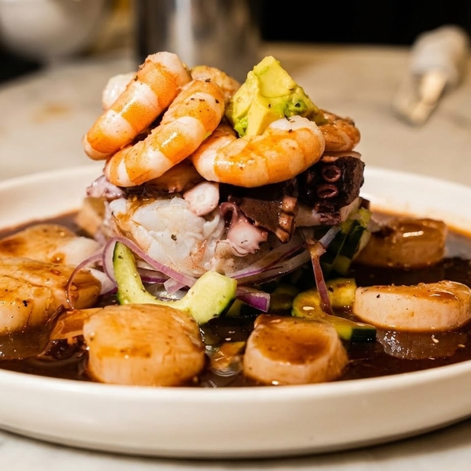 Seafood dish with shrimp, scallops, octopus, avocado, and vegetables in a dark sauce.