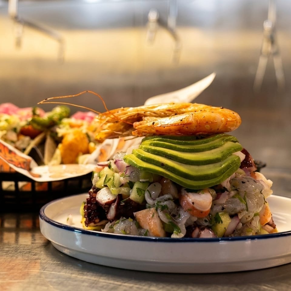 Seafood ceviche with avocado and shrimp on top, with tacos in the background.