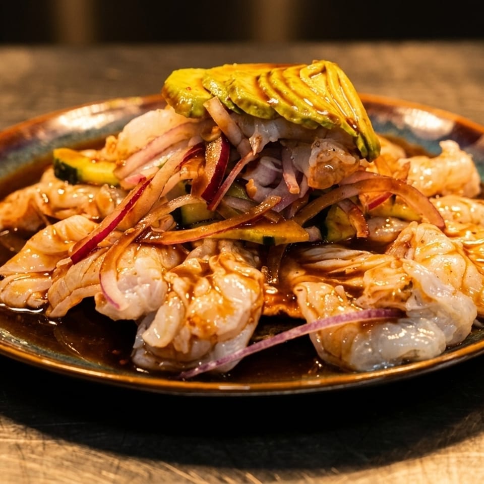 Shrimp ceviche with sliced avocado, red onions, and cucumbers on a dark plate.