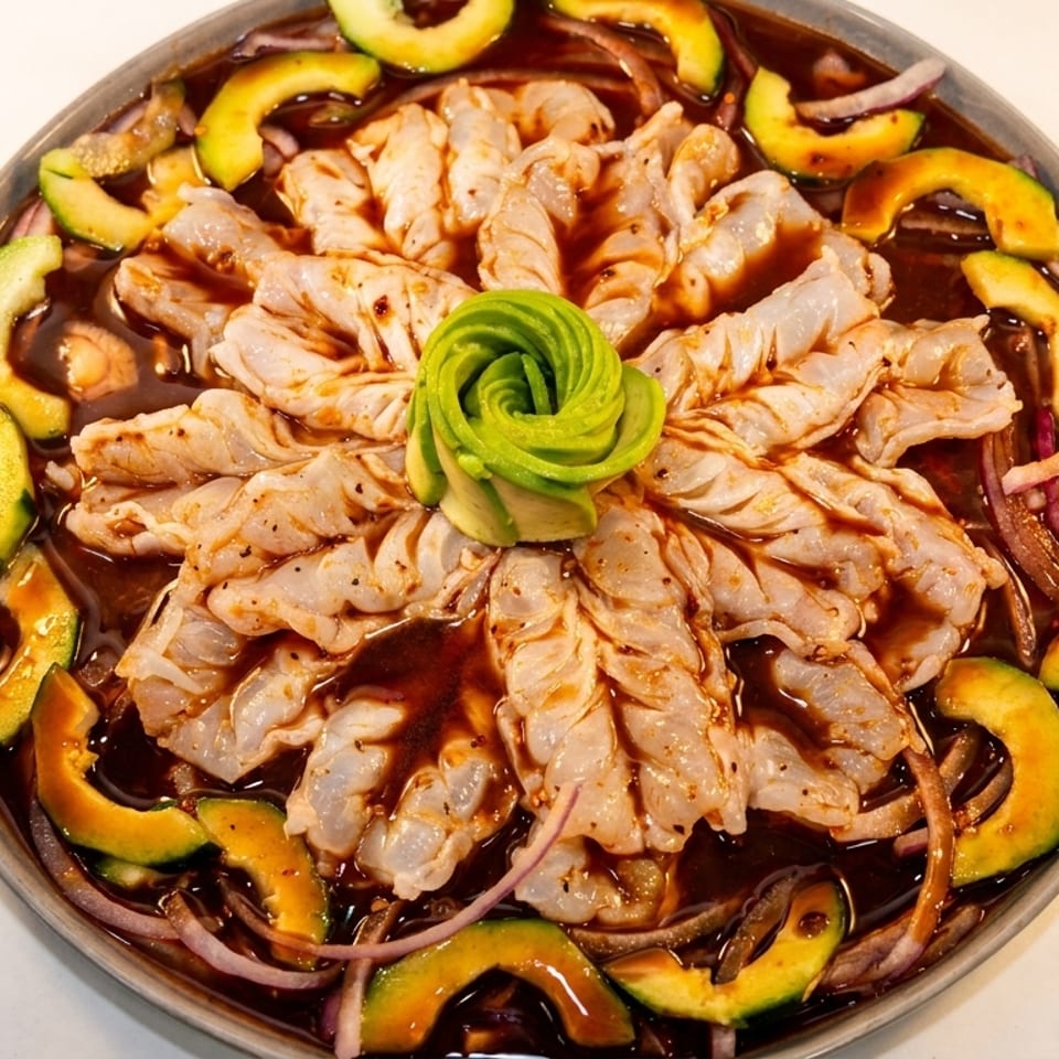 Shrimp aguachile with avocado, cucumber, and red onion in a dark sauce, garnished with avocado rose.